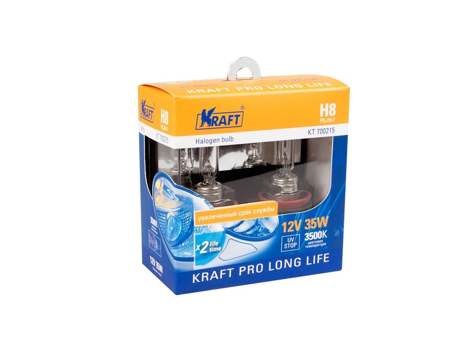 Лампа галогенная H8 12V 35W PGJ19-1 KRAFT Pro Long Life 2шт Блистер